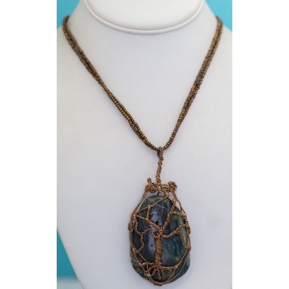 18 inch, Vintage Copper Tone Chain Wrap Stone Necklace - R33 - Picture 2 of 3